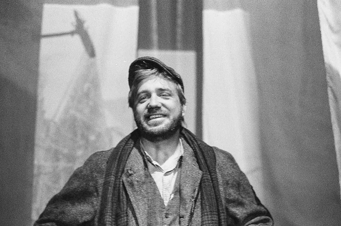 Ben Tissell in costume as Toby Veck, laughing between takes.